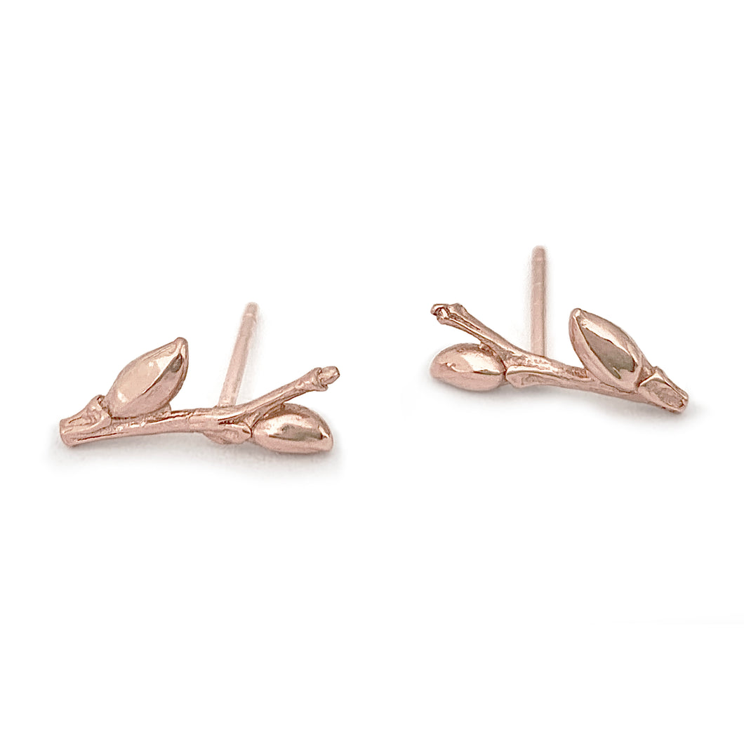 Willow Twig ear studs with buds and woodgrain texture