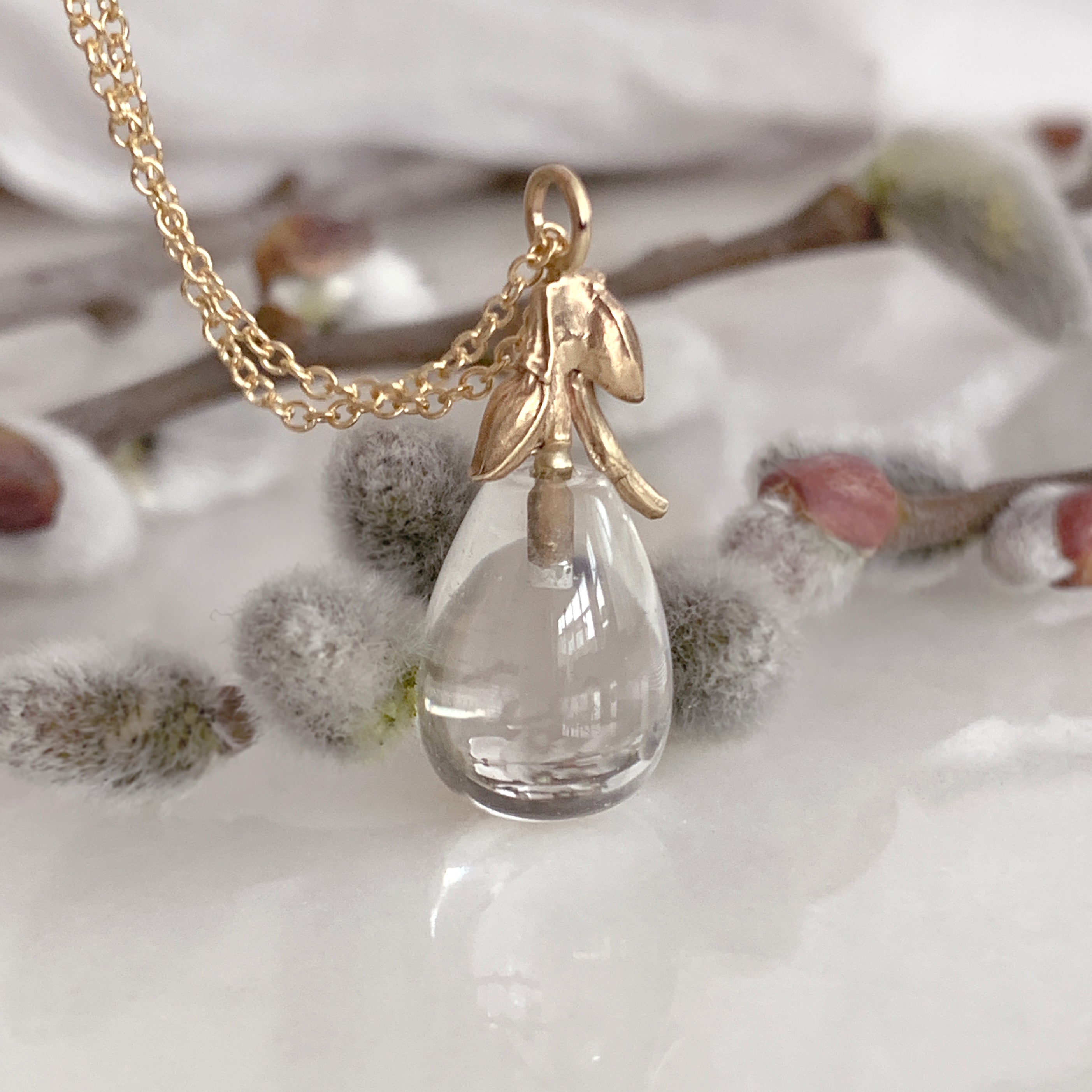 Willow Twig Drop Necklace in Solid Gold with Crystal Quartz